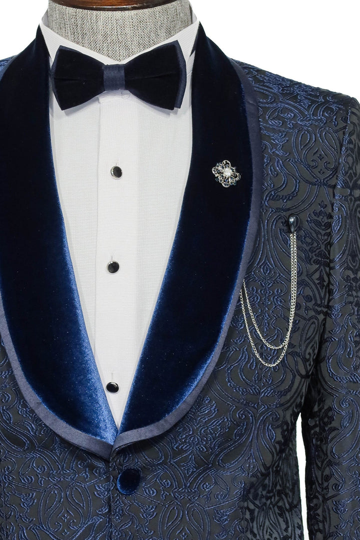 Traje de esmoquin de dos piezas con cuello chal y estampado de damasco para hombre en azul real - Wessi