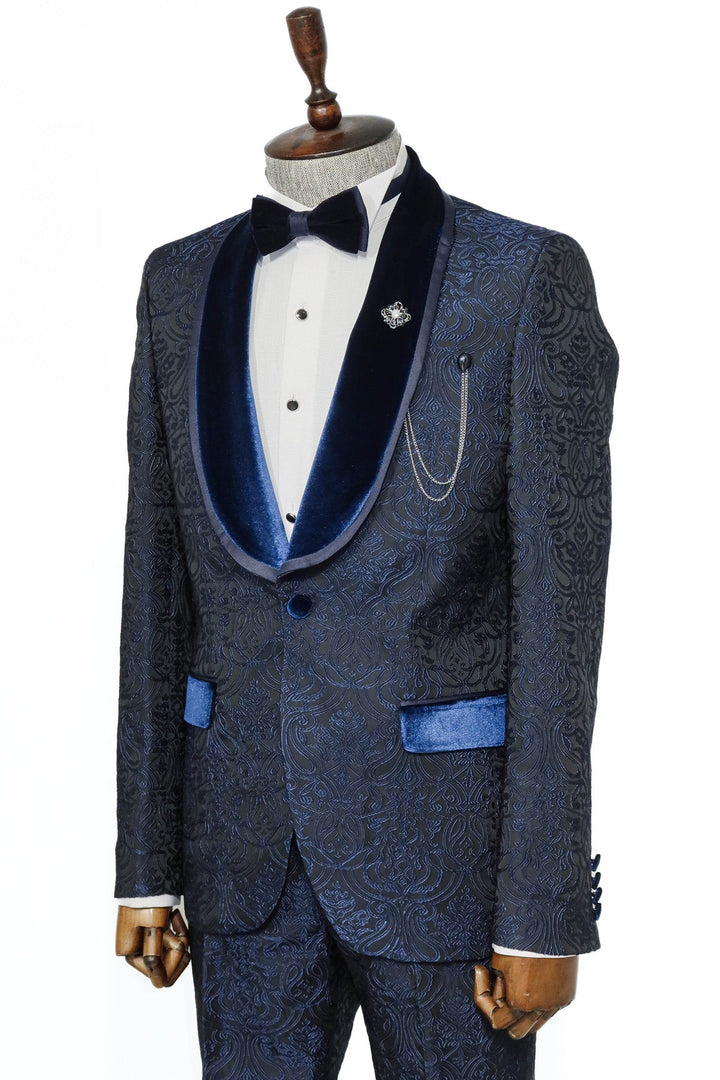 2 Piece Damask Patterned Velvet Shawl Collar Royal Blue Men's Tuxedo Suit - Wessi