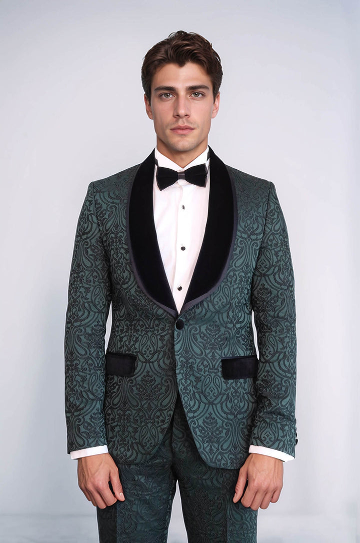 2 Piece Damask Patterned Velvet Shawl Collar Emerald Green Men's Tuxedo Suit - Wessi