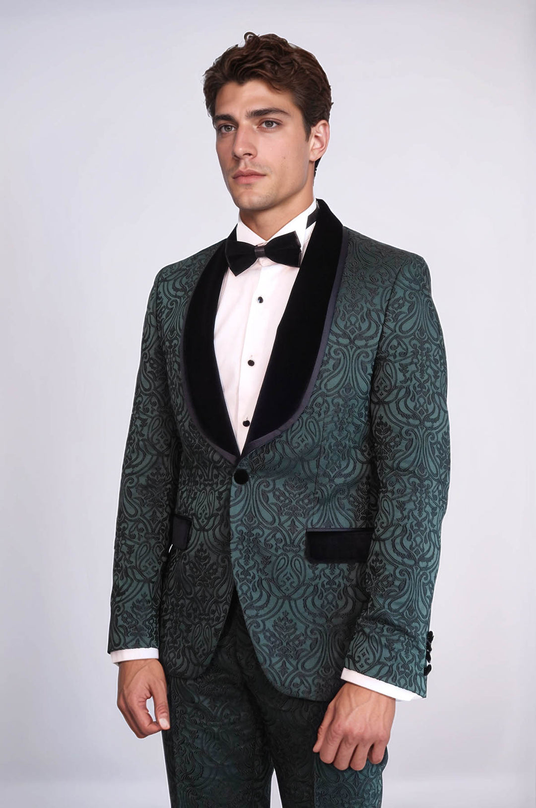 2 Piece Damask Patterned Velvet Shawl Collar Emerald Green Men's Tuxedo Suit - Wessi