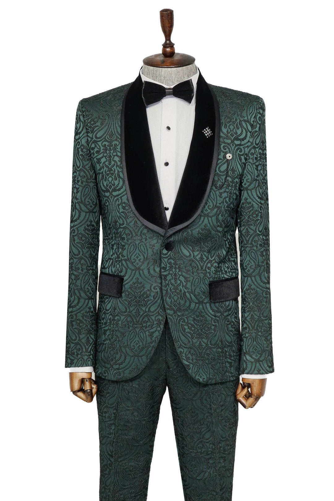 Traje de esmoquin de terciopelo con cuello chal y estampado de damasco de 2 piezas para hombre, color verde esmeralda - Wessi