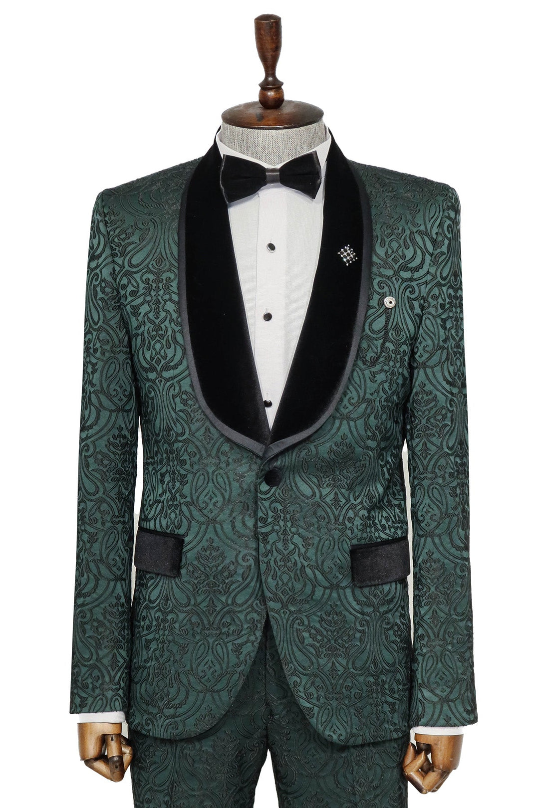 Traje de esmoquin de terciopelo con cuello chal y estampado de damasco de 2 piezas para hombre, color verde esmeralda - Wessi