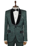 2 Piece Damask Patterned Velvet Shawl Collar Emerald Green Men's Tuxedo Suit - Wessi