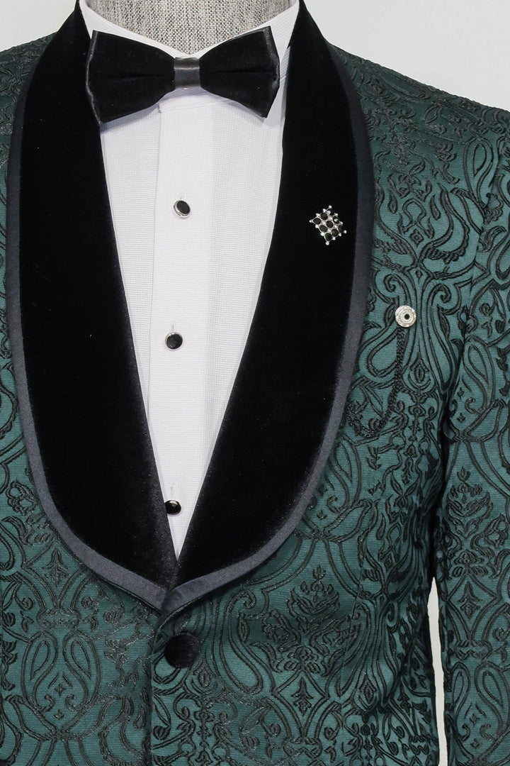 2 Piece Damask Patterned Velvet Shawl Collar Emerald Green Men's Tuxedo Suit - Wessi