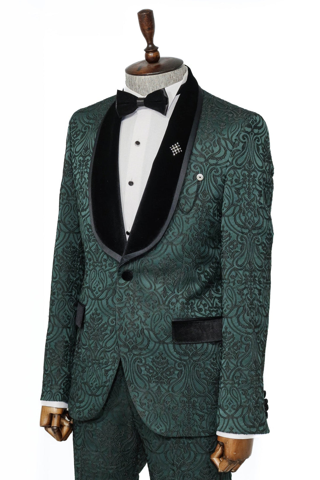 2 Piece Damask Patterned Velvet Shawl Collar Emerald Green Men's Tuxedo Suit - Wessi