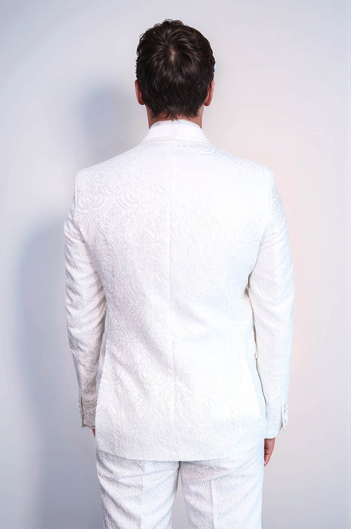2 Piece Damask Patterned Velvet Shawl Collar White Men's Tuxedo Suit - Wessi