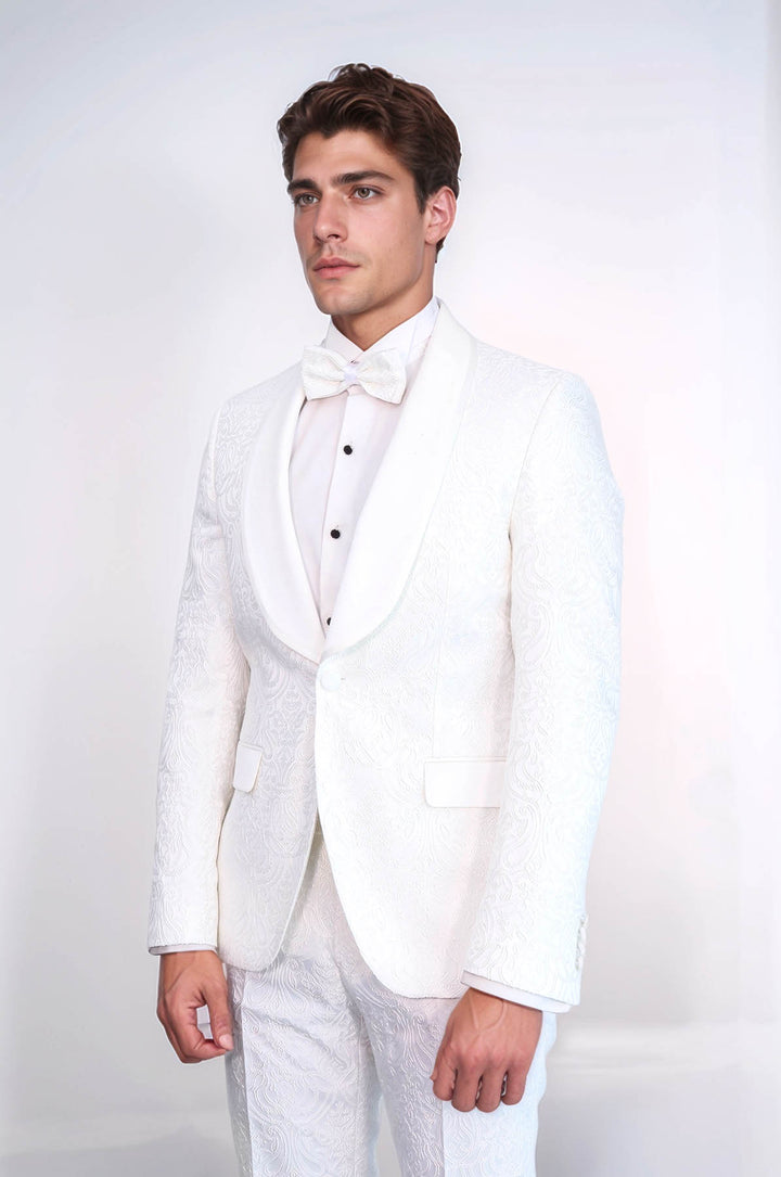 2 Piece Damask Patterned Velvet Shawl Collar White Men's Tuxedo Suit - Wessi