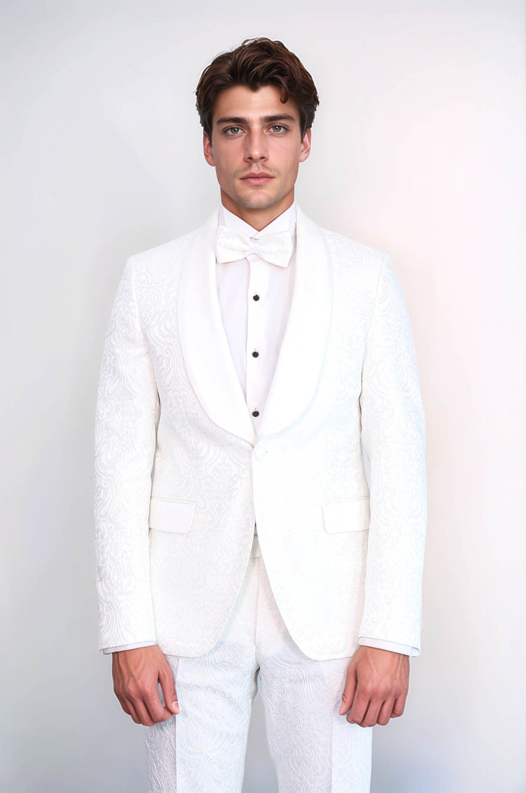 2 Piece Damask Patterned Velvet Shawl Collar White Men's Tuxedo Suit - Wessi