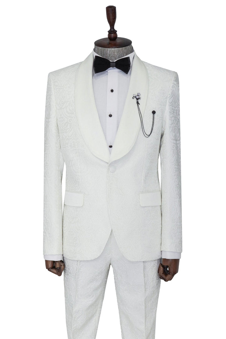 2 Piece Damask Patterned Velvet Shawl Collar White Men's Tuxedo Suit - Wessi