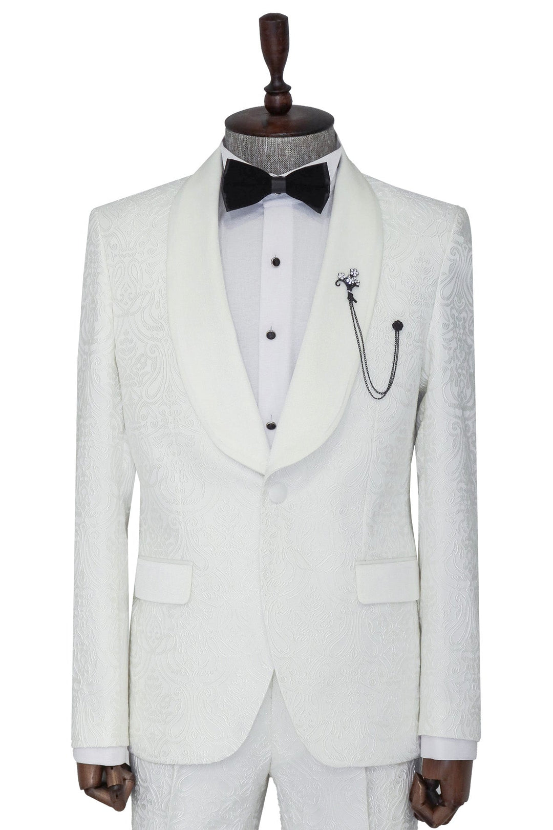 Traje de esmoquin de terciopelo con cuello chal y estampado de damasco de 2 piezas para hombre, color blanco - Wessi