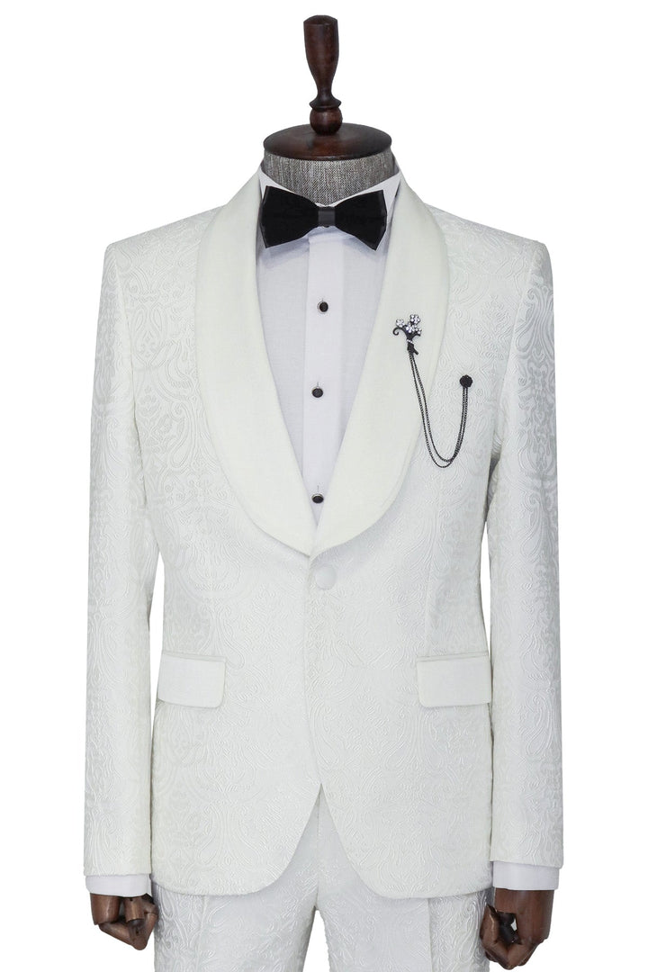 2 Piece Damask Patterned Velvet Shawl Collar White Men's Tuxedo Suit - Wessi