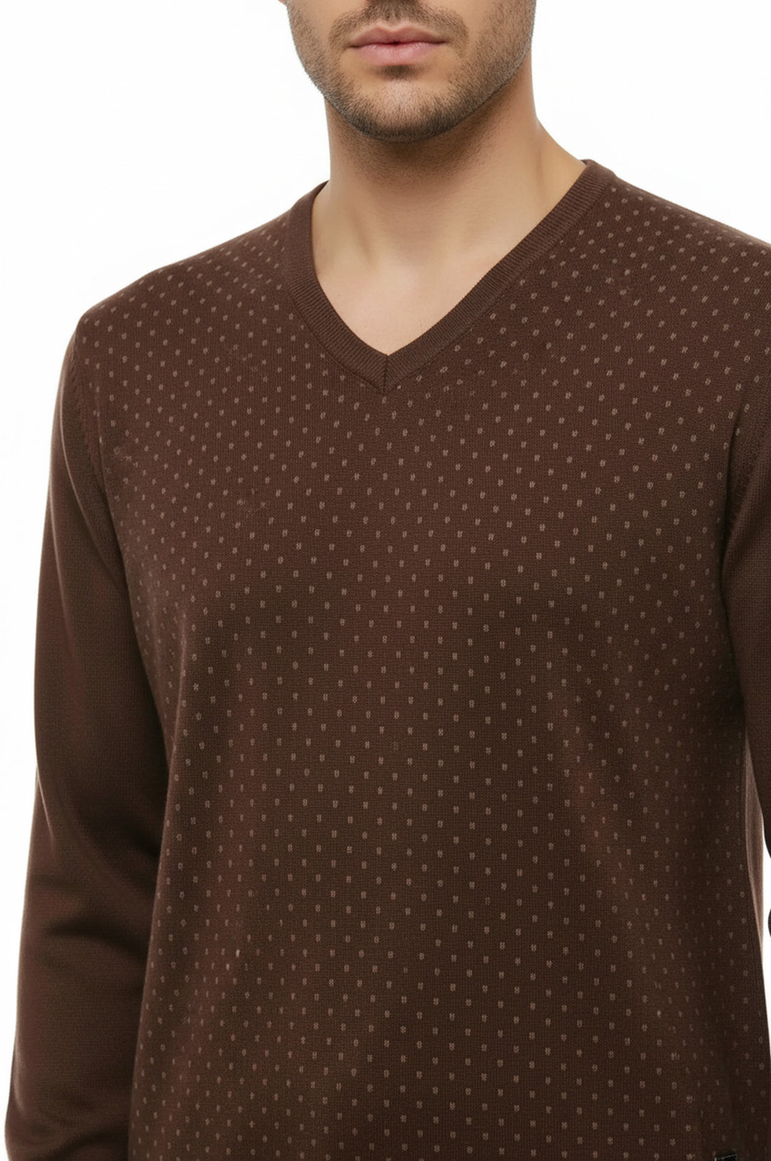 Light Brown Dot Patterned V Neck Sweater - Wessi