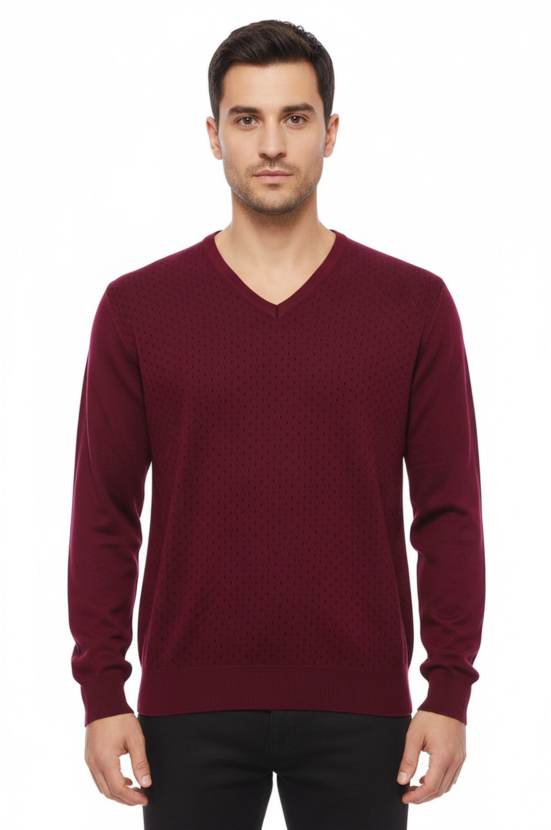 Dot Patterned V Neck Burgundy Sweater - Wessi