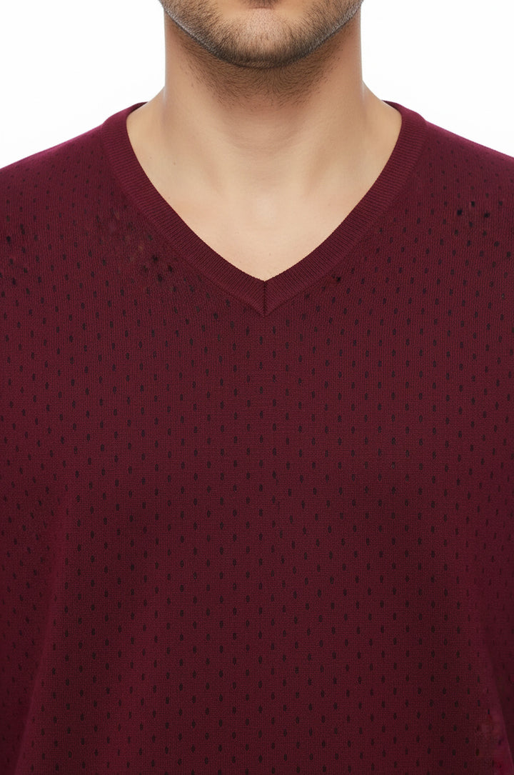 Dot Patterned V Neck Burgundy Sweater - Wessi