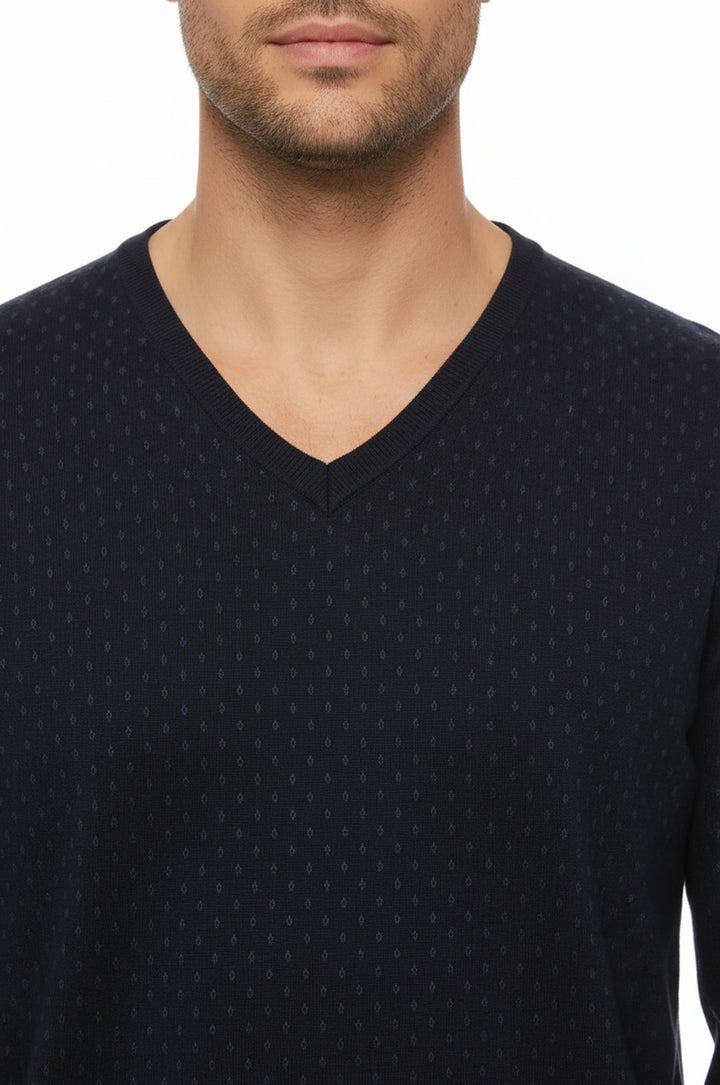 Dot Patterned V Neck Navy Blue Sweater - Wessi