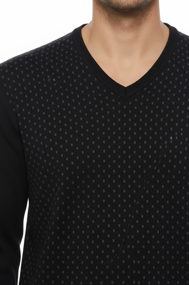 Dot Patterned V Neck Black Sweater - Wessi