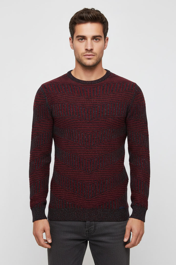 Burgundy Circle Neck Patterned Knitwear - Wessi