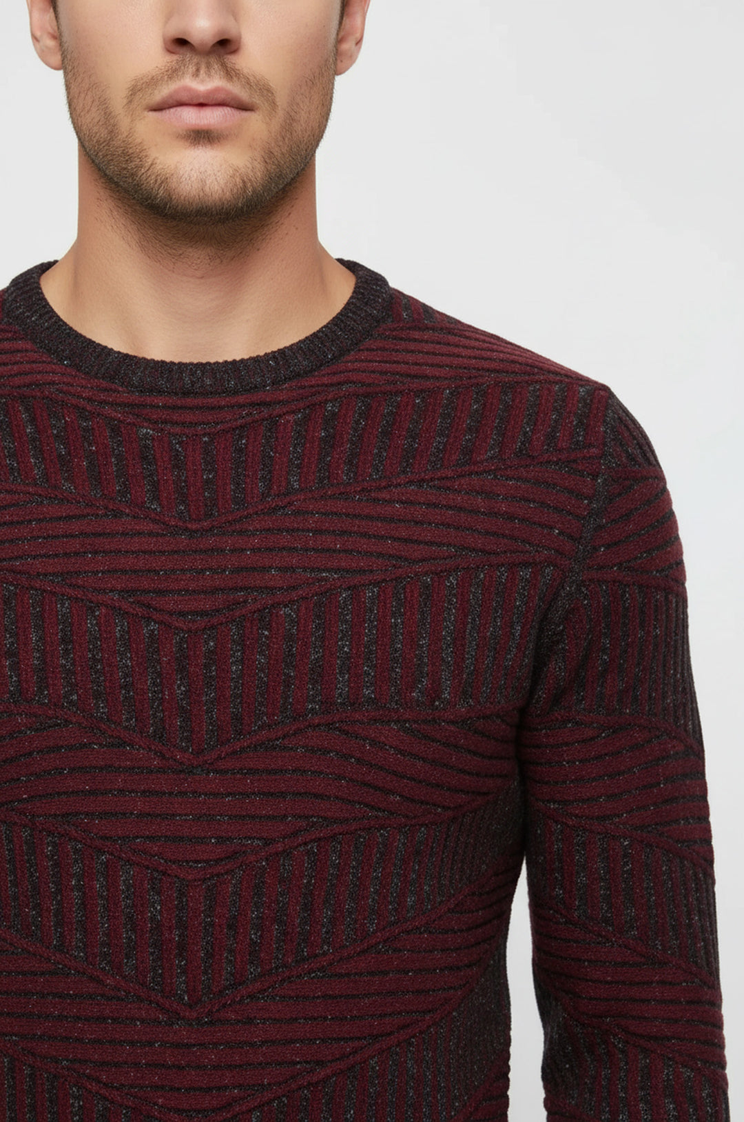 Burgundy Circle Neck Patterned Knitwear - Wessi