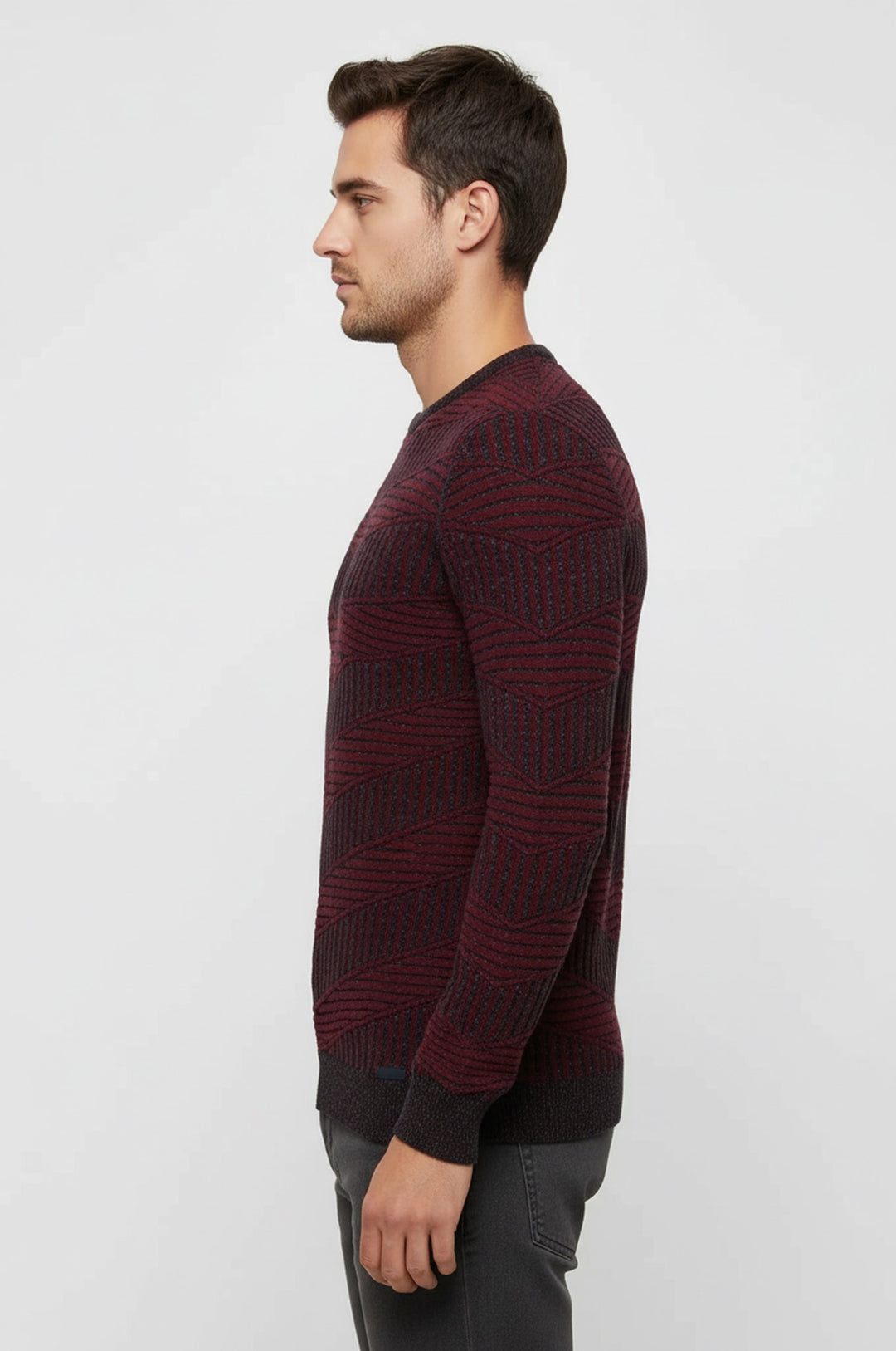 Burgundy Circle Neck Patterned Knitwear - Wessi
