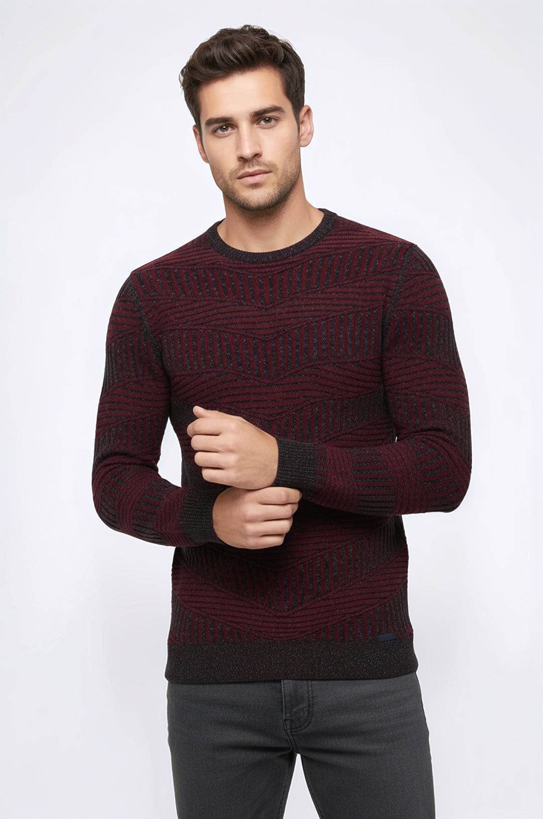 Burgundy Circle Neck Patterned Knitwear - Wessi