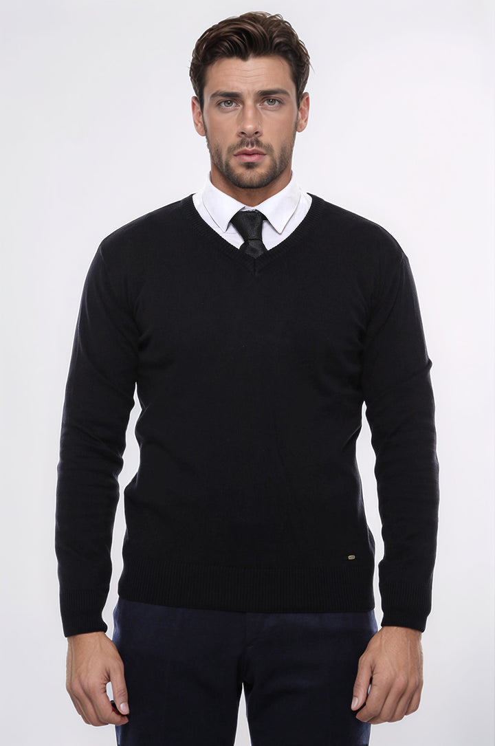 V Neck Black Men's Sweater- Wessi