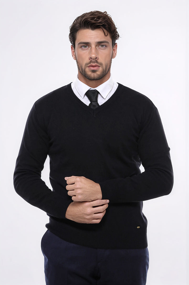 V Neck Black Men's Sweater- Wessi