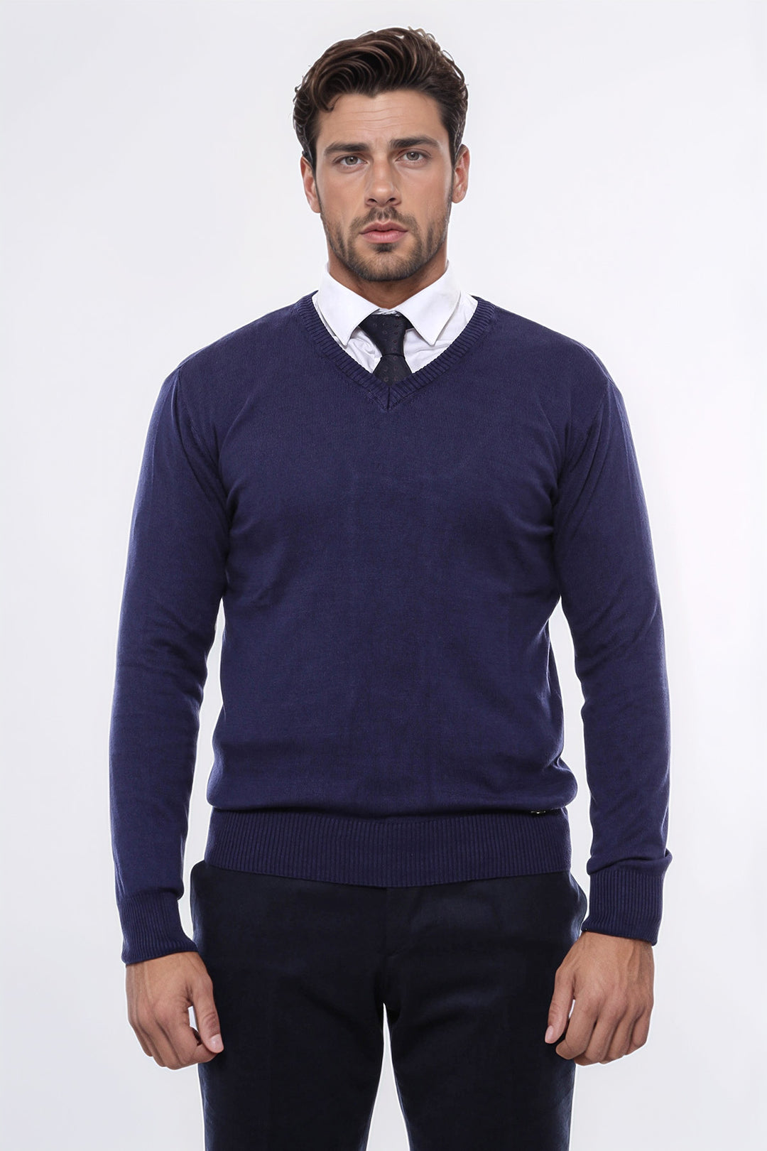 V Neck Navy Blue Men Sweater - Wessi