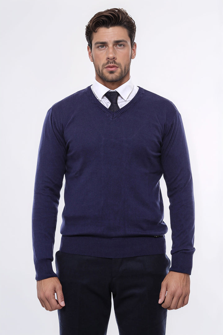 V Neck Navy Blue Men Sweater - Wessi