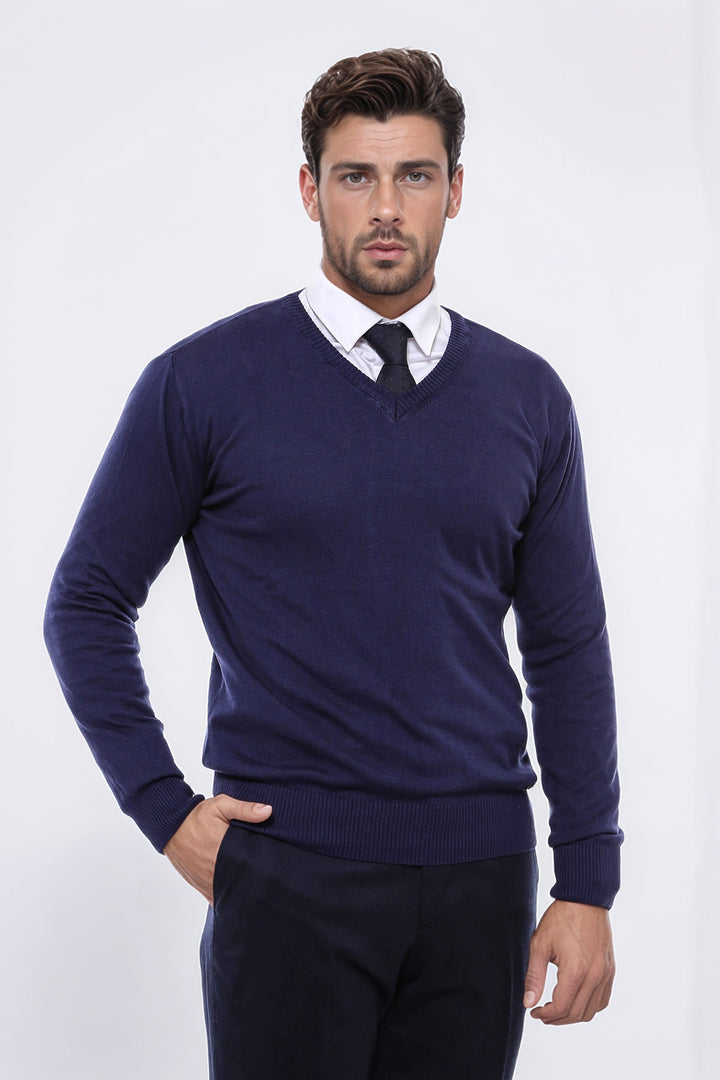 V Neck Navy Blue Men Sweater - Wessi