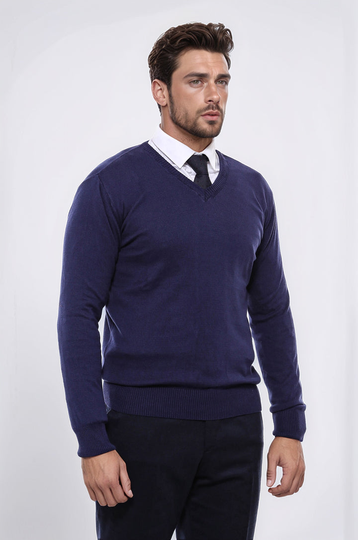 V Neck Navy Blue Men Sweater - Wessi