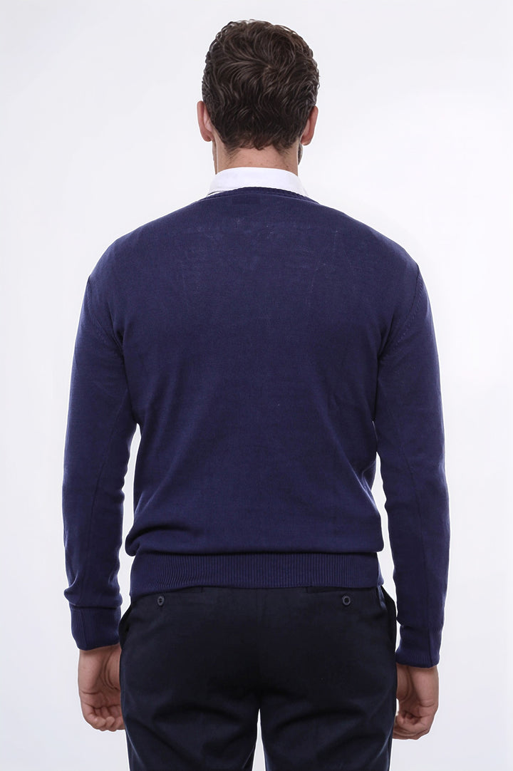 V Neck Navy Blue Men Sweater - Wessi