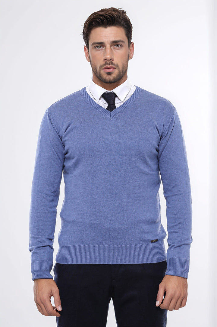 V Neck Blue Men's Knitwear - Wessi
