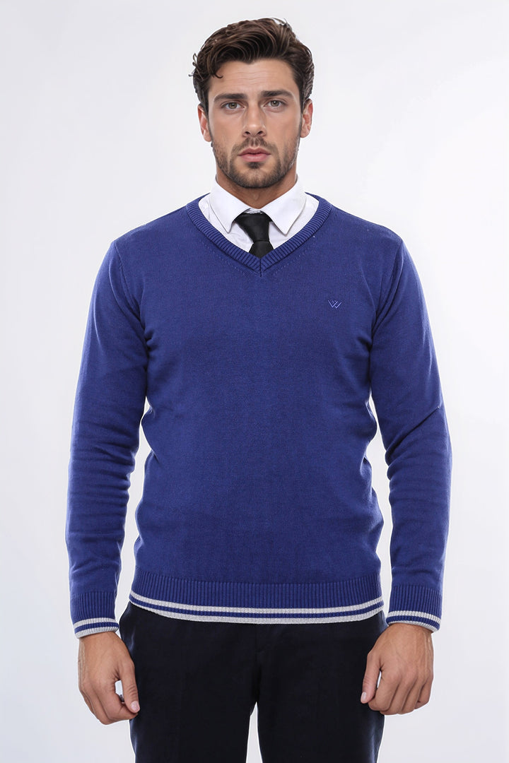 Dark Blue V Neck Slim Fit Sweater - Wessi
