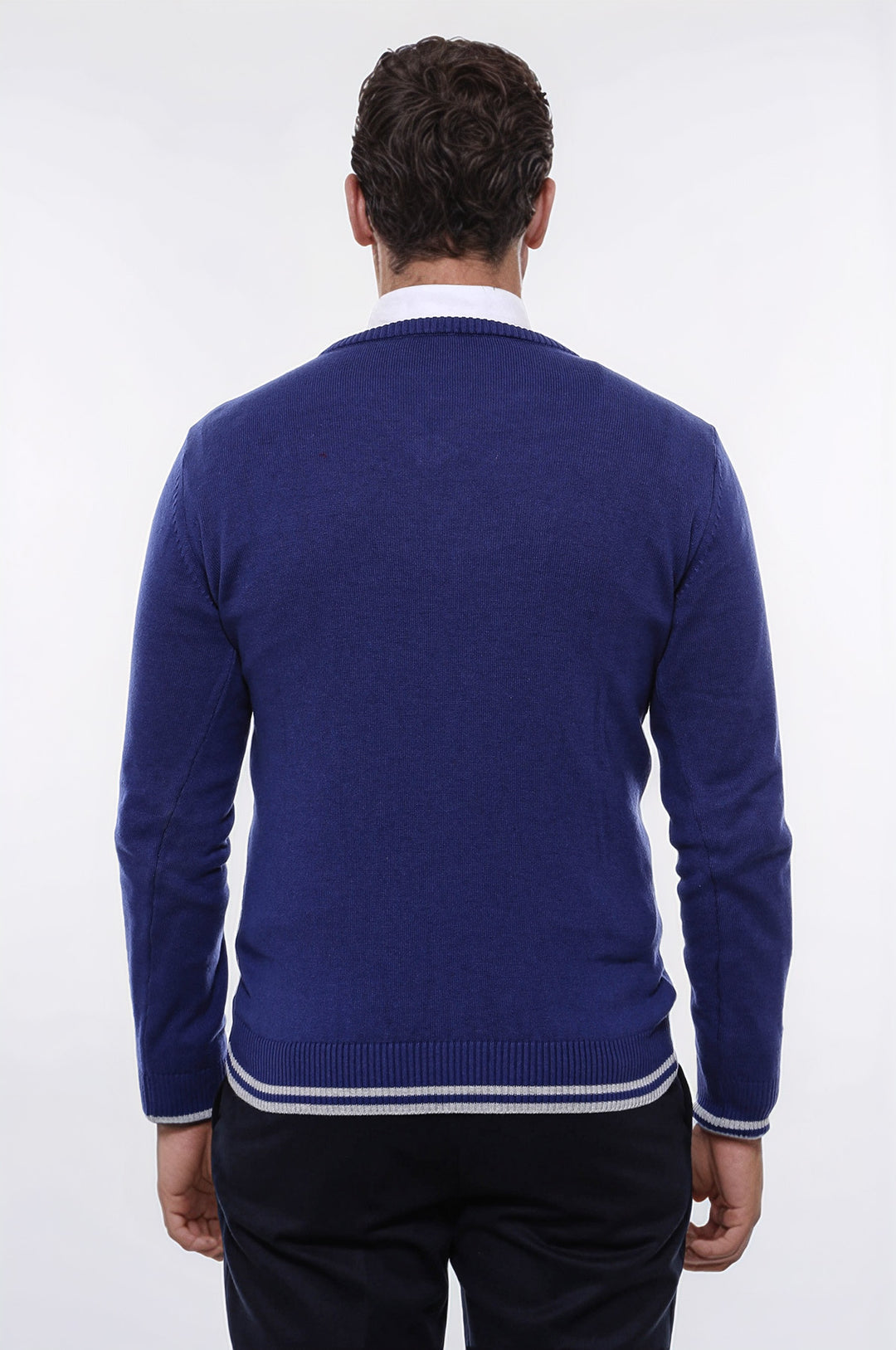 Dark Blue V Neck Slim Fit Sweater - Wessi