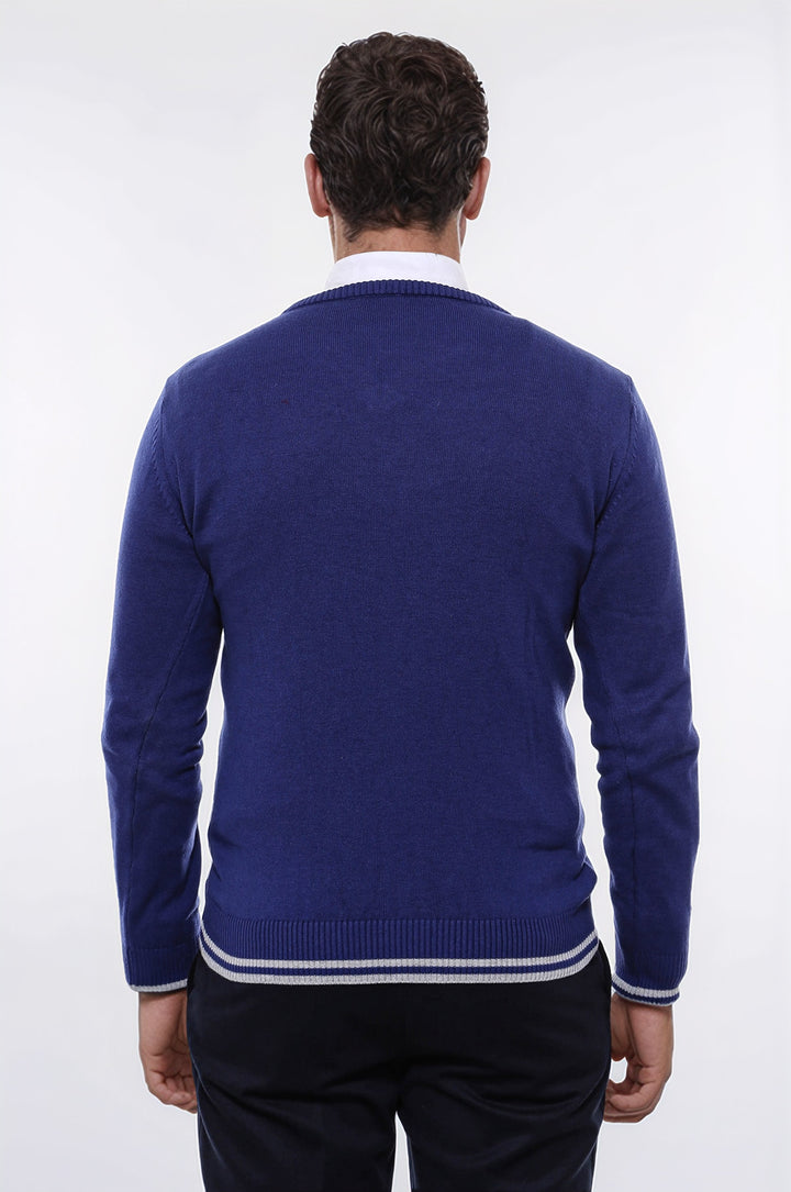 Dark Blue V Neck Slim Fit Sweater - Wessi