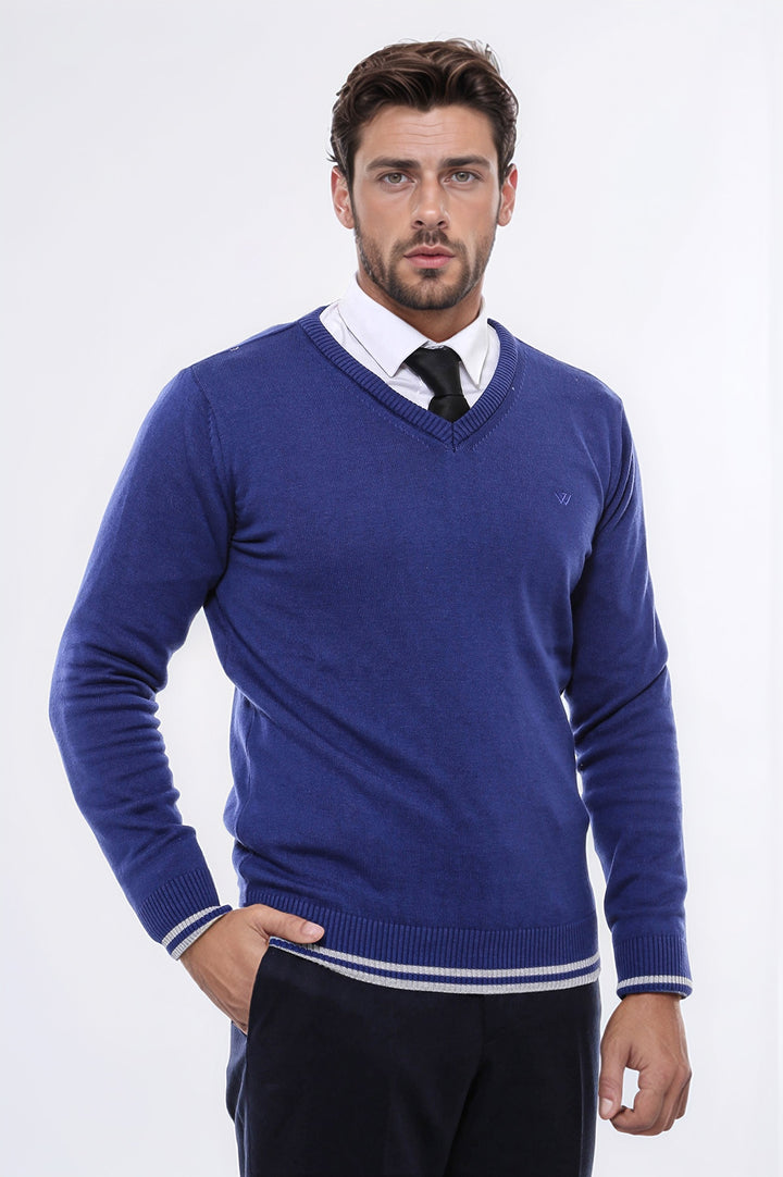 Dark Blue V Neck Slim Fit Sweater - Wessi