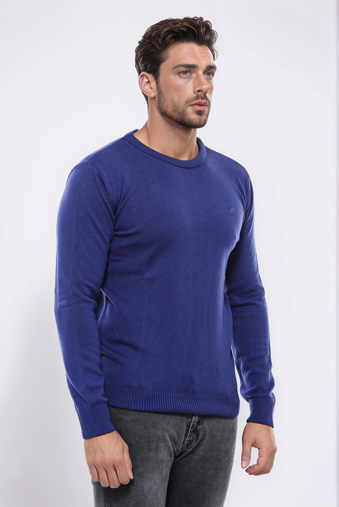 Navy Blue Crew Neck Embroidered Plain Knitwear - Wessi