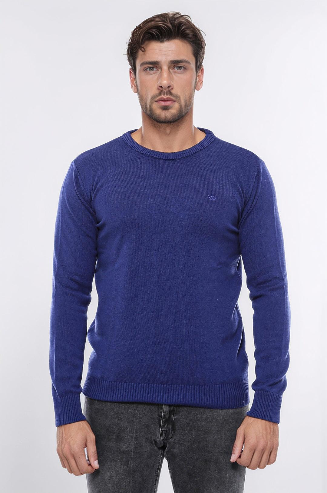 Navy Blue Crew Neck Embroidered Plain Knitwear - Wessi