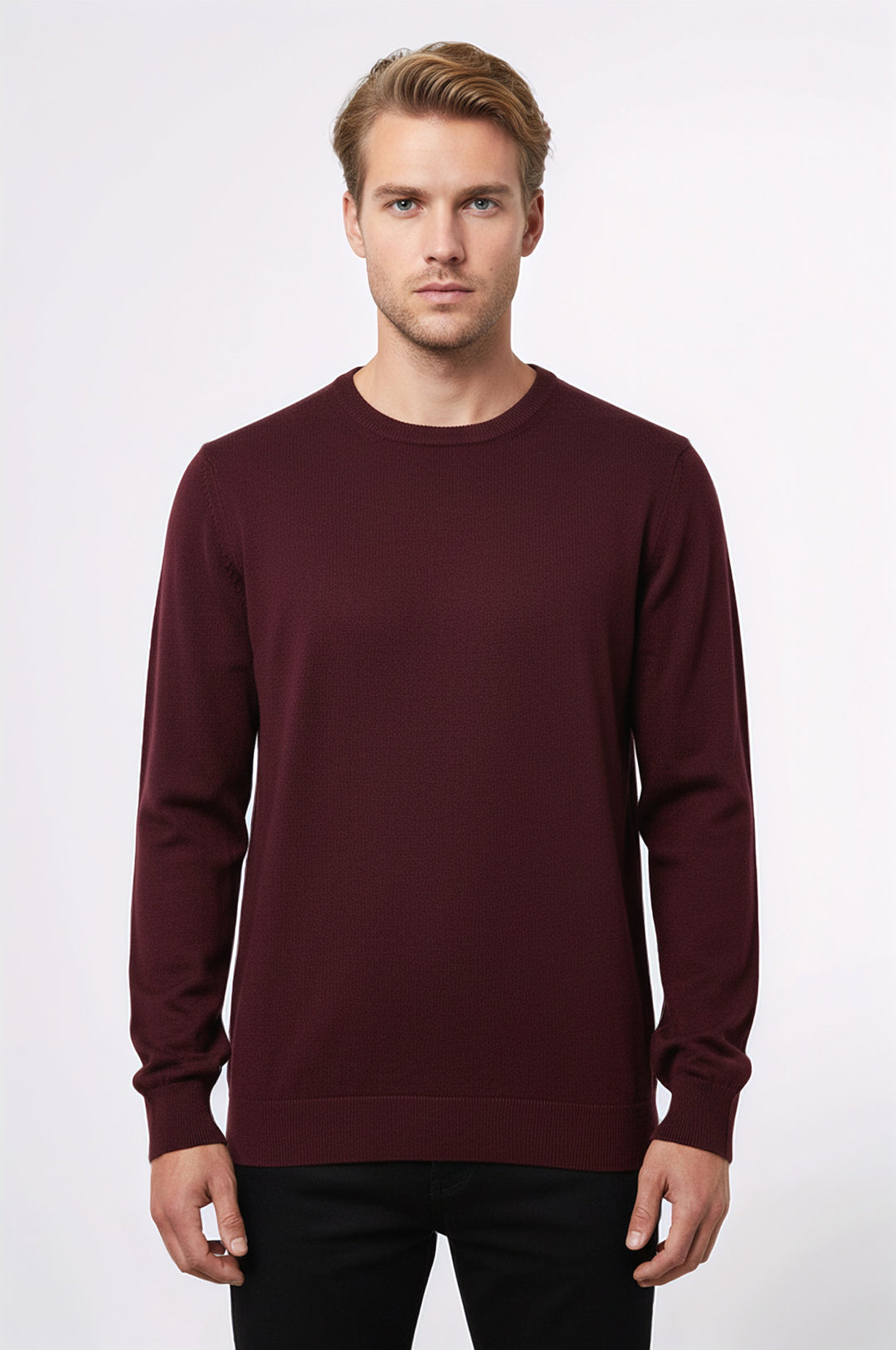 طاقم الرقبة عادي الأكمام الطويلة سترة الرجال بورجوندي - ويسي