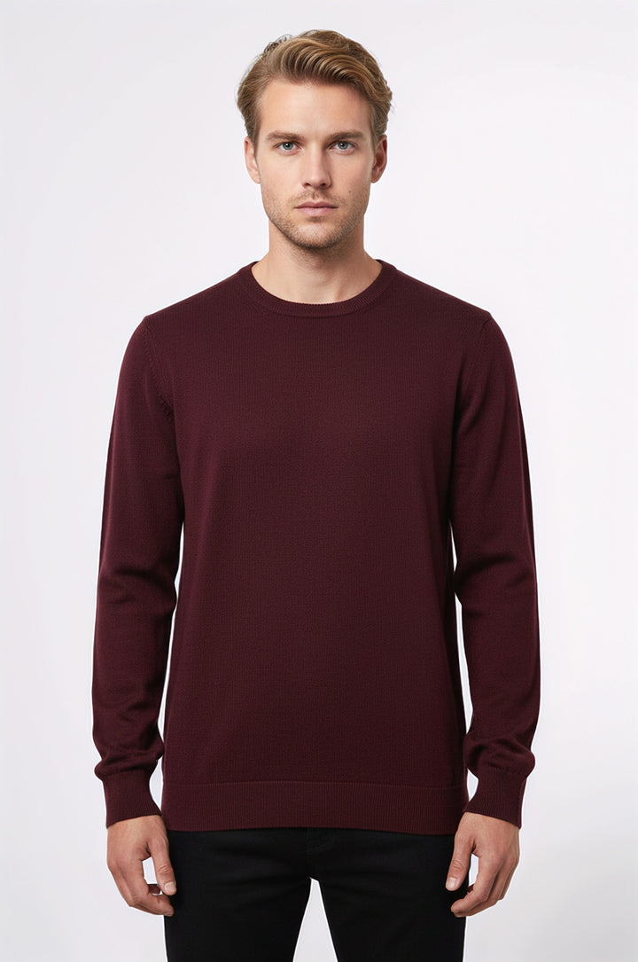 طاقم الرقبة عادي الأكمام الطويلة سترة الرجال بورجوندي - ويسي