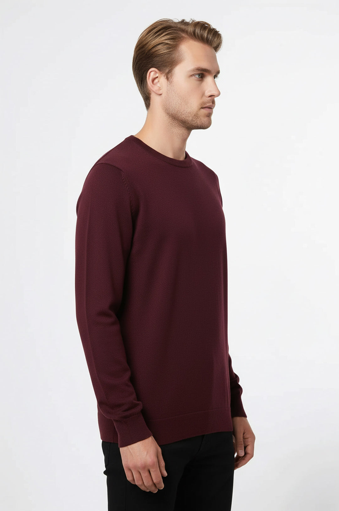 طاقم الرقبة عادي الأكمام الطويلة سترة الرجال بورجوندي - ويسي