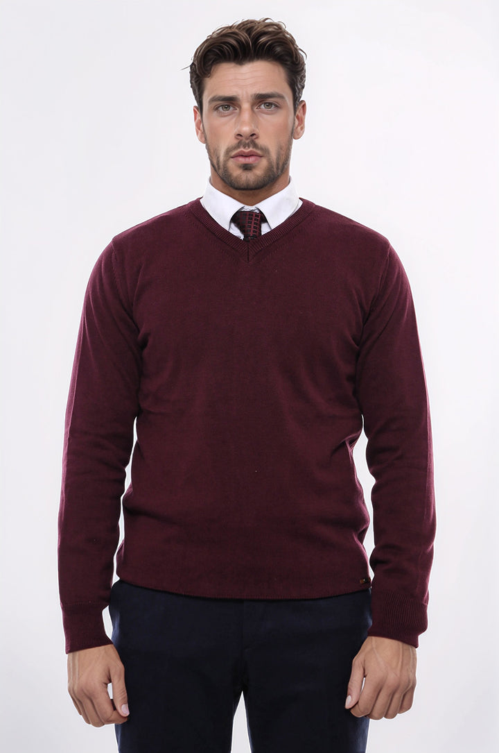 V Neck Burgundy Men's Knitwear - Wessi