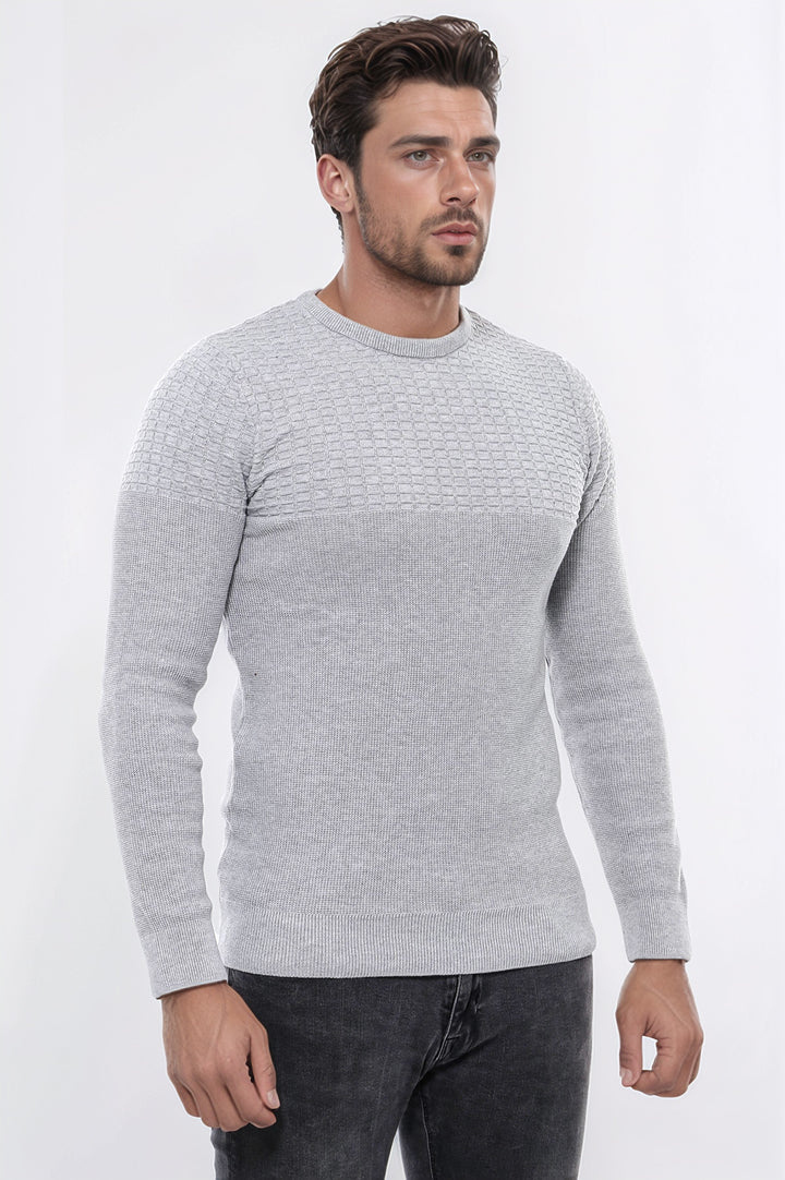 Circle Neck Patterned Light Grey Men Knitwear - Wessi