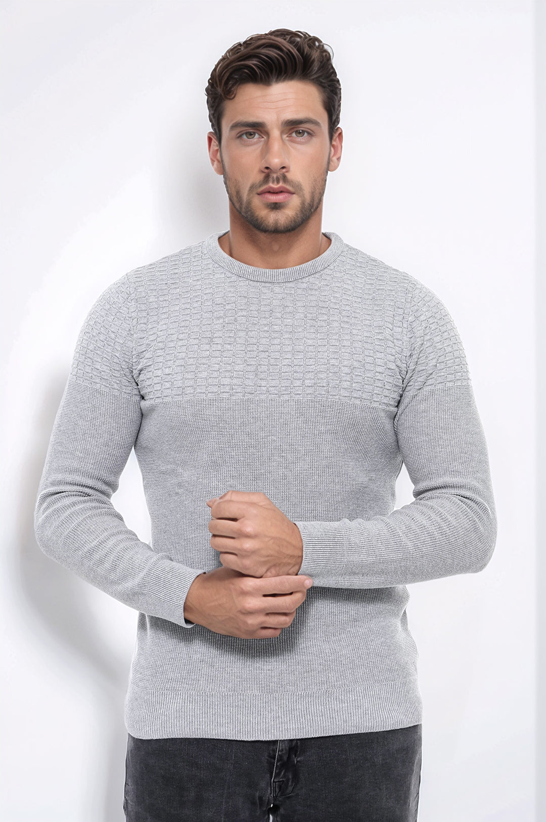 Circle Neck Patterned Light Grey Men Knitwear - Wessi