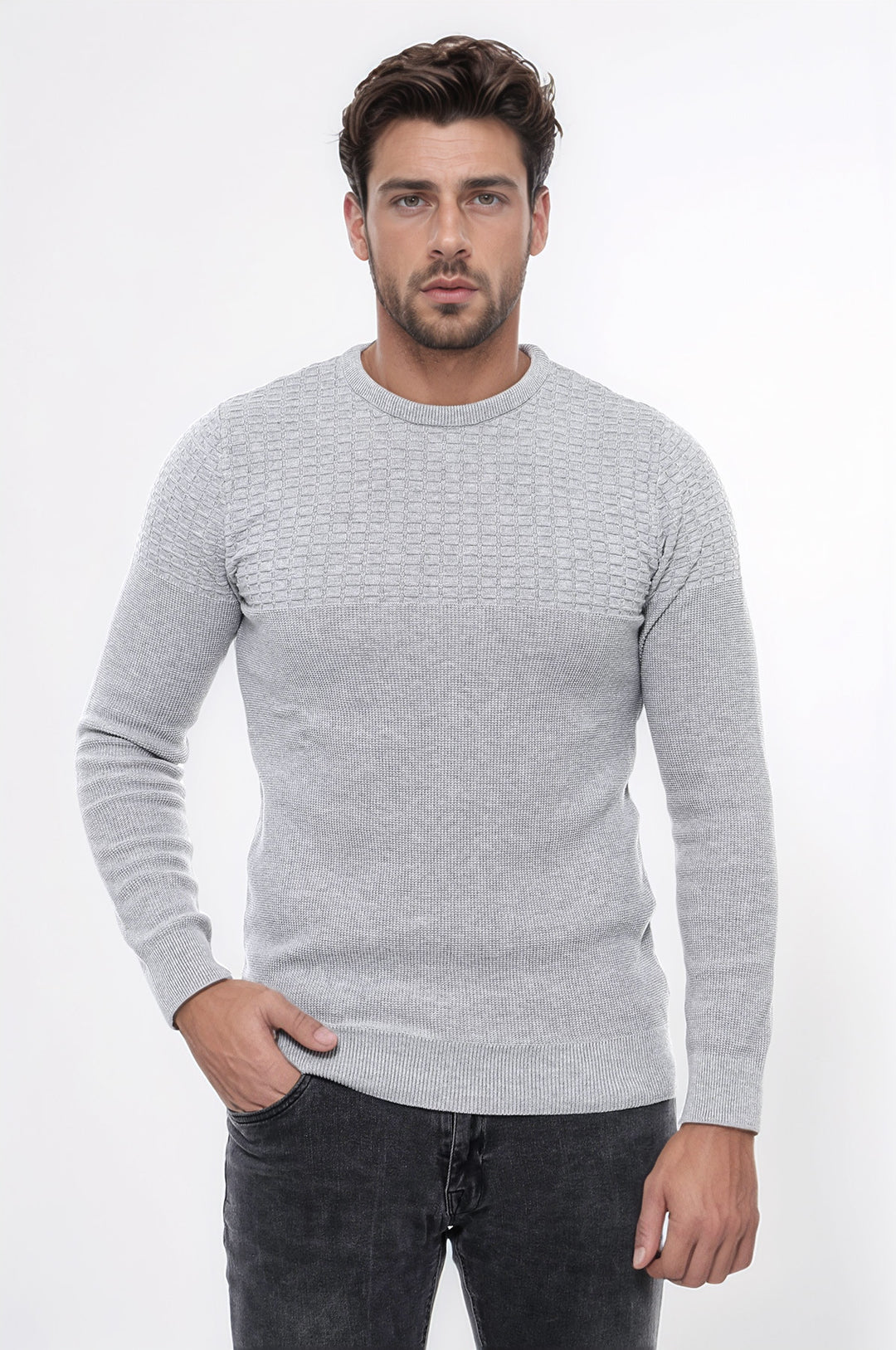 Circle Neck Patterned Light Grey Men Knitwear - Wessi
