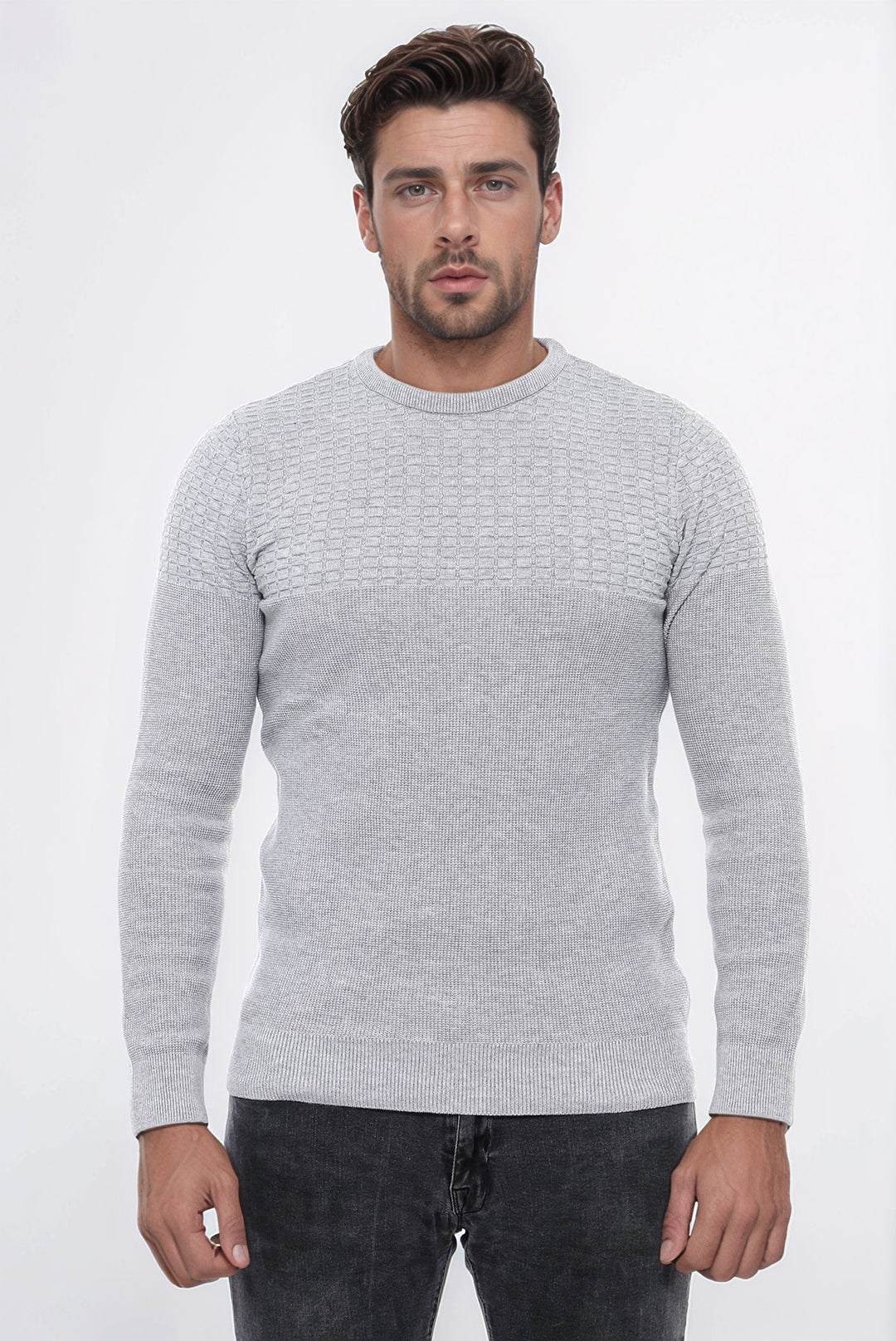 Circle Neck Patterned Light Grey Men Knitwear - Wessi
