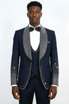 Navy Blue 3-Piece Suit with Silver Bead Embellished Shawl Lapel - Wessi