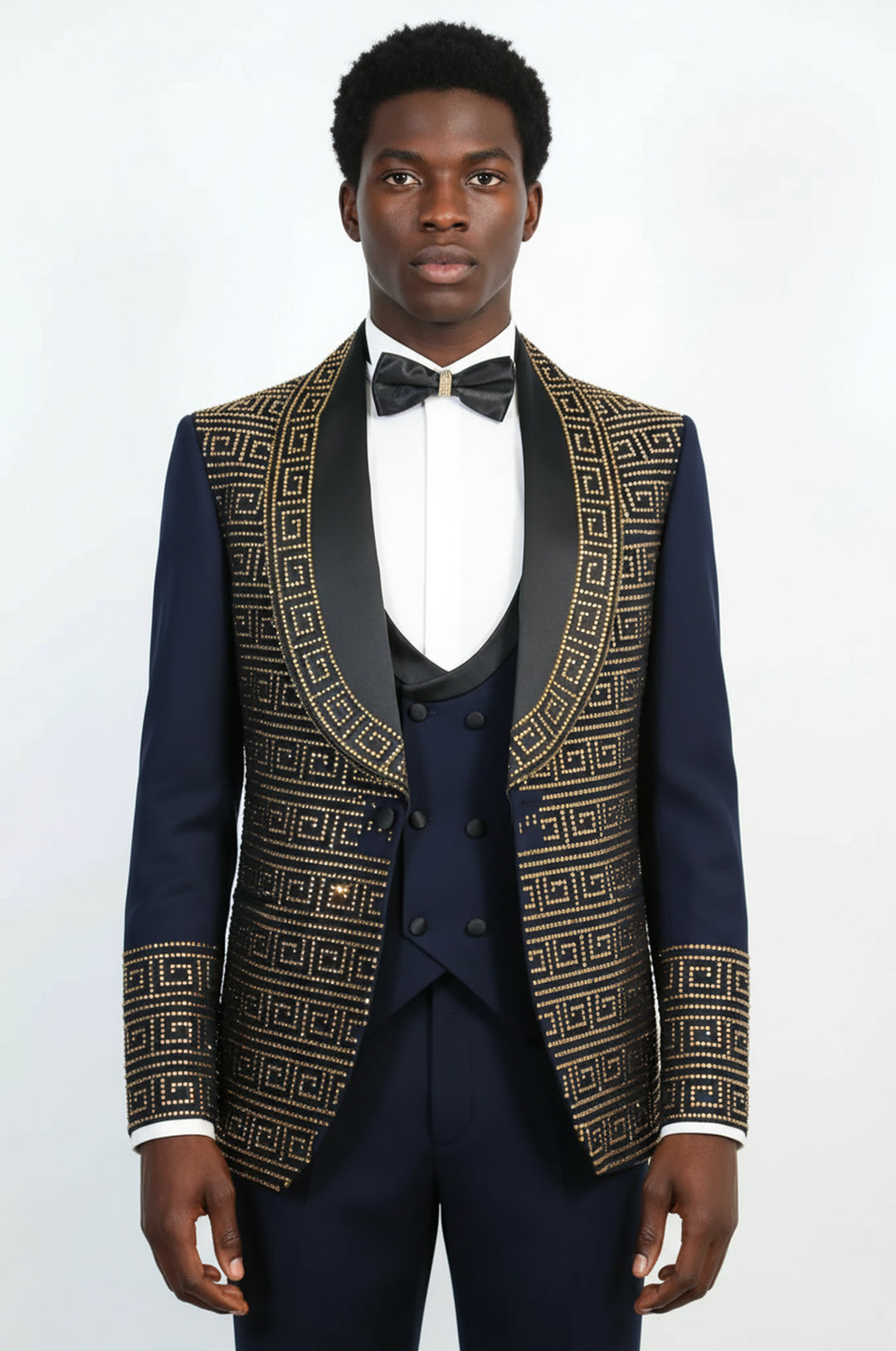 Navy Gold Greek Key Rhinestone Shawl Lapel Tuxedo Suit – Wessi