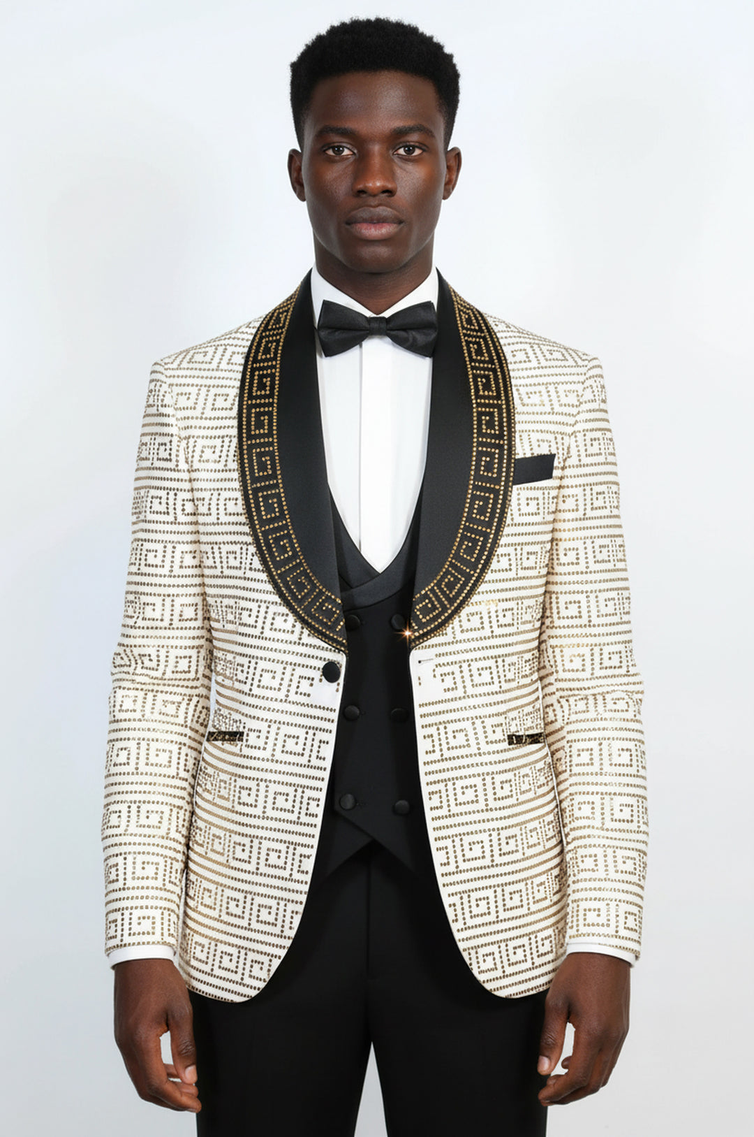 White Gold Greek Key Rhinestone Shawl Lapel Tuxedo Suit – Wessi