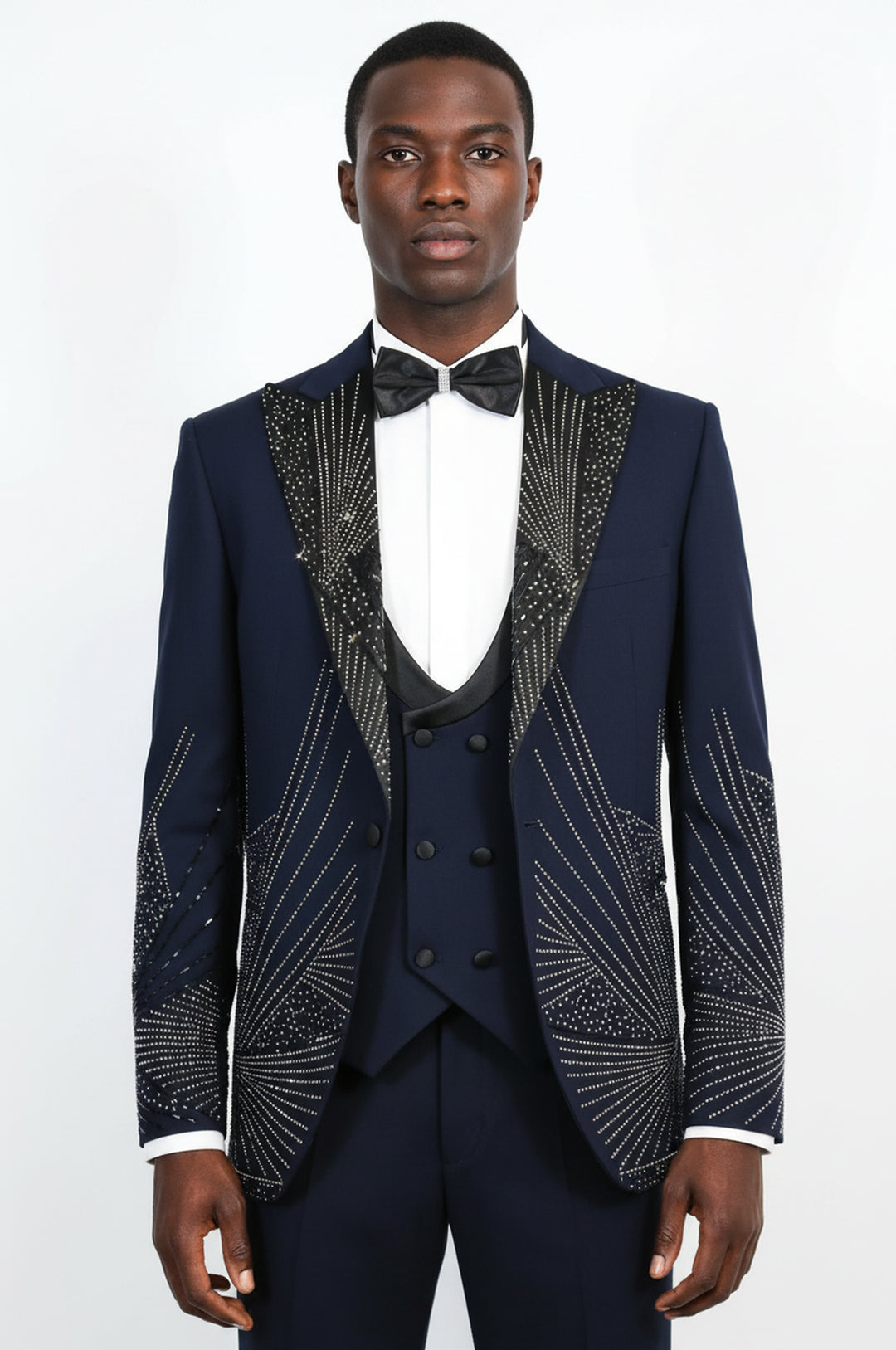 Navy Silver Sunburst Rhinestone Peak Lapel Tuxedo Suit – Wessi